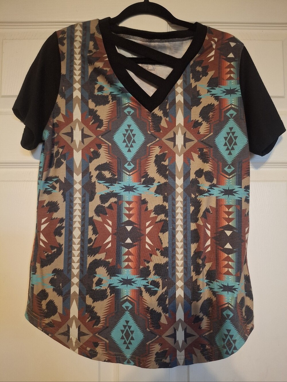 Crazy Train Short Sleeve Aztec And Leopard Print Tee in Teal, Rust, Black